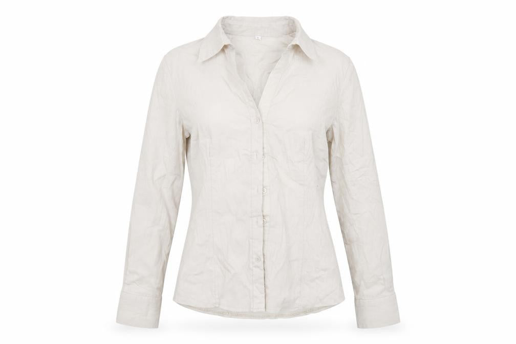 Front view of Preworn women’s grey basic button-up, size L