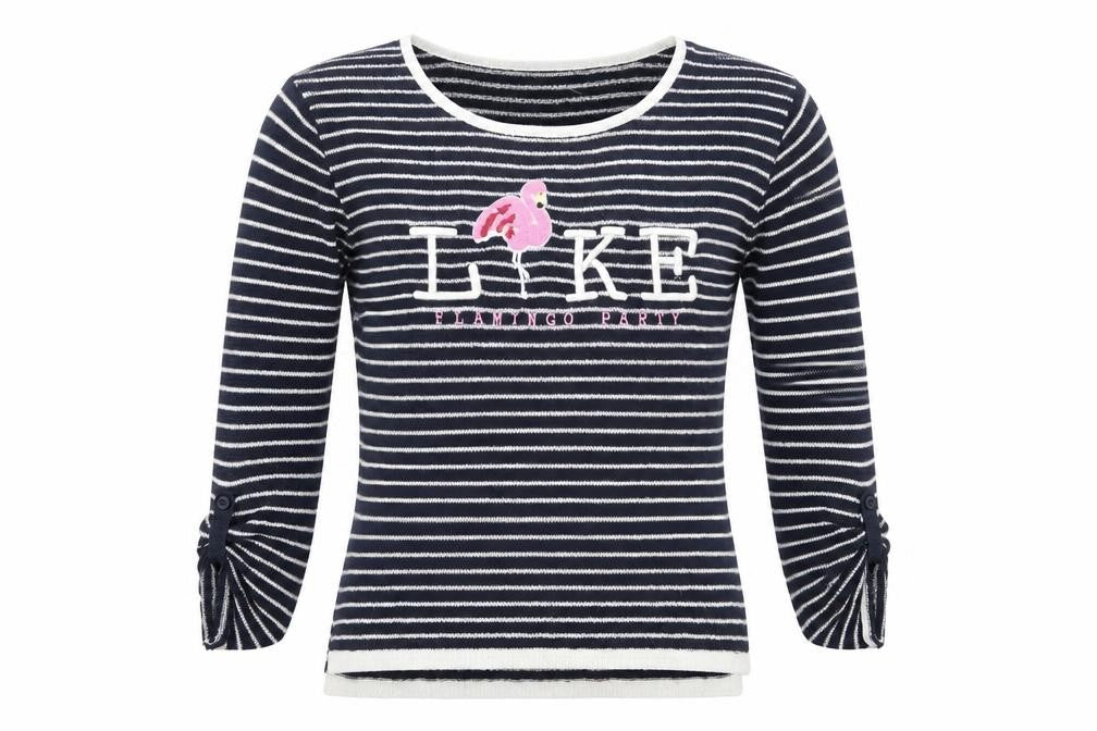 Front view of BSK women’s blue striped jumper, size M