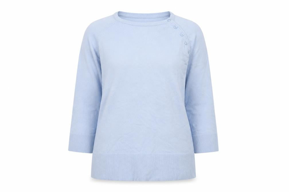 Front view of Monsoon women’s blue knit jumper, size UK 12
