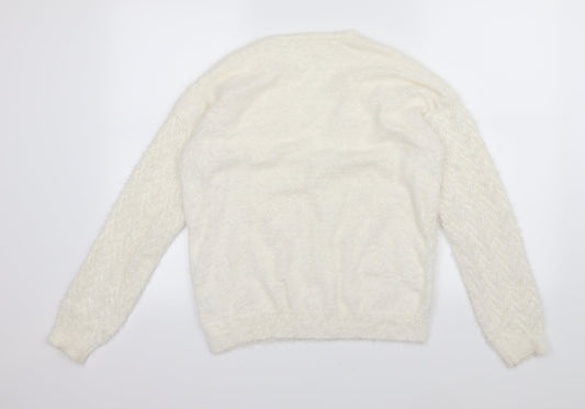 B young Womens White  Knit Cardigan Jumper Size L
