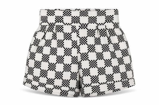 Front view of Paper Scissors women’s multicoloured geometric hot pants shorts, size UK 8