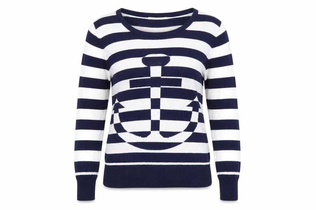 Front view of Peacocks women’s blue striped knit jumper, size UK 10