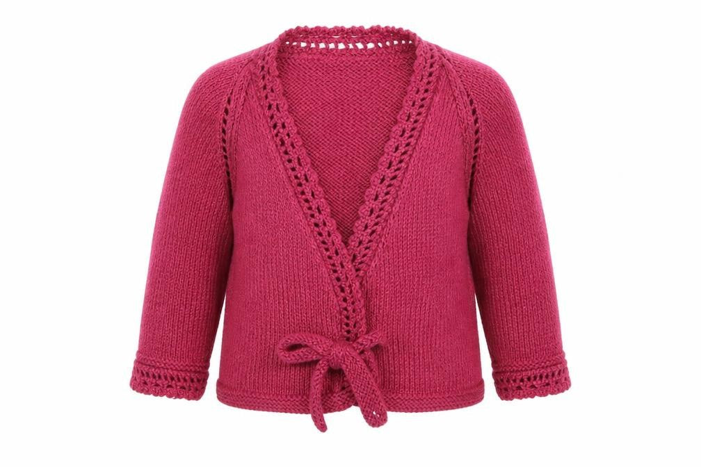Front view of Preworn girls’ pink knit cardigan jumper, size S