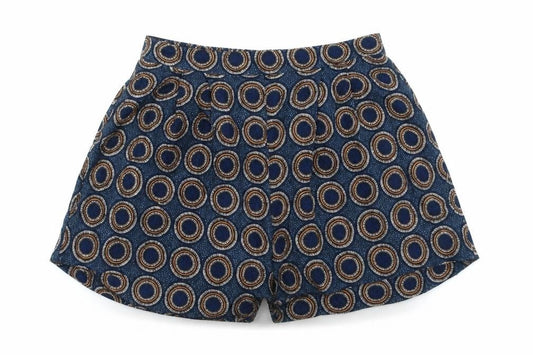 Front view of H&M women’s blue paperbag shorts, size UK 8