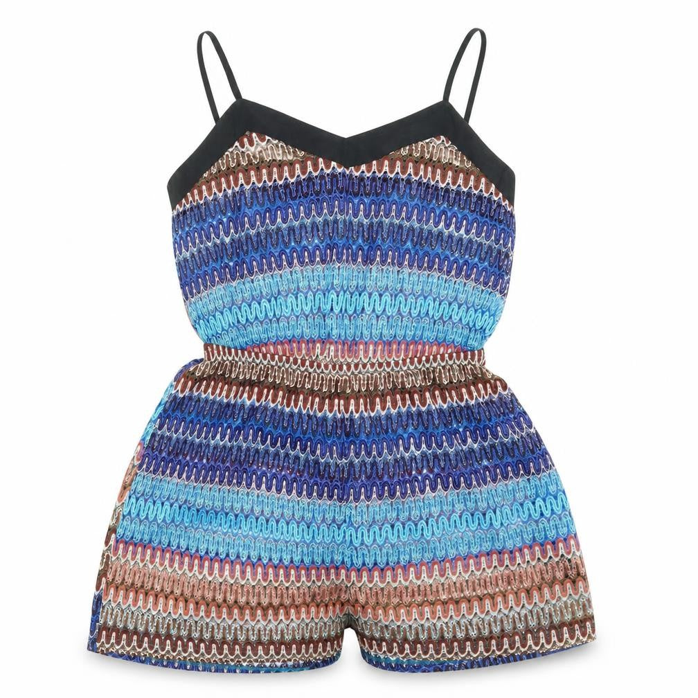 Front view of Topshop women’s blue striped playsuit one-piece, size S