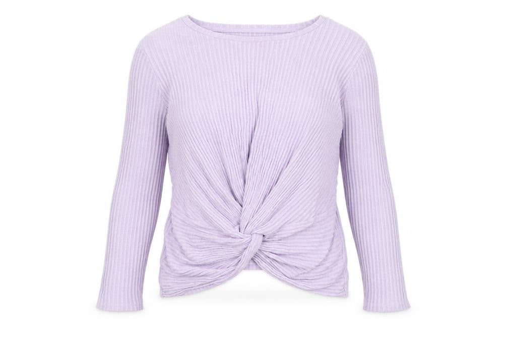 Front view of New Look women’s purple knit wrap jumper, size UK 12