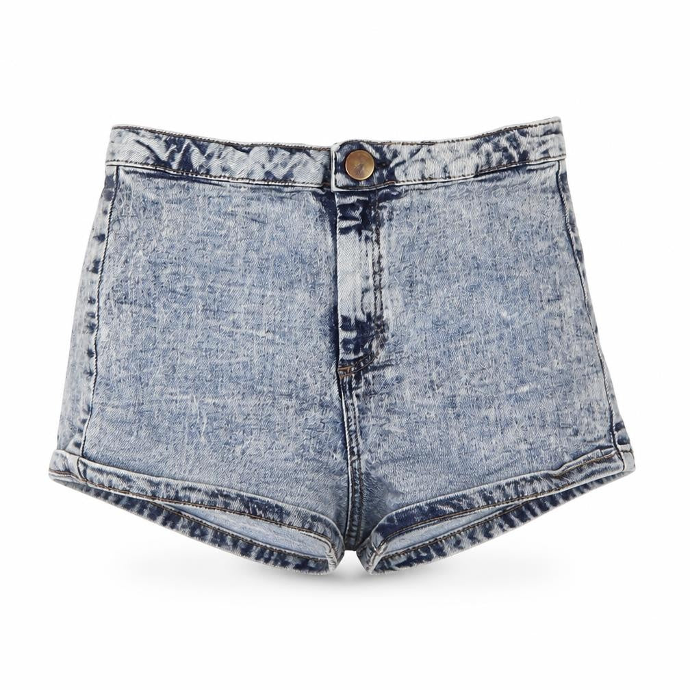 Front view of Topshop women’s blue hot pants shorts, size UK 10