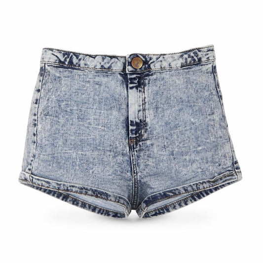 Front view of Topshop women’s blue hot pants shorts, size UK 10