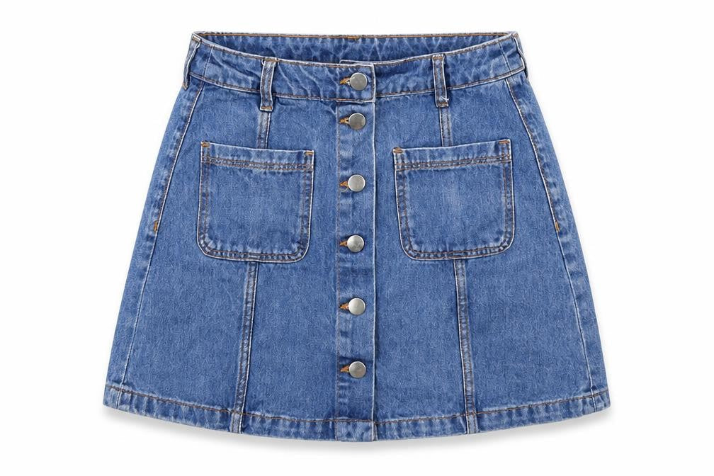 Front view of Preworn women’s blue mini skirt, size UK 6
