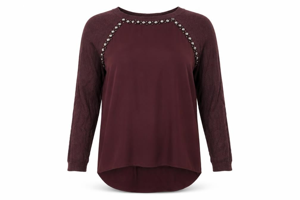 Front view of Warehouse women’s purple jumper, size UK 10
