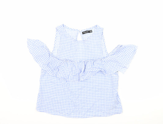 Berksha Womens Blue Check  Basic T-Shirt Size XS  - Cut Out Shoulder