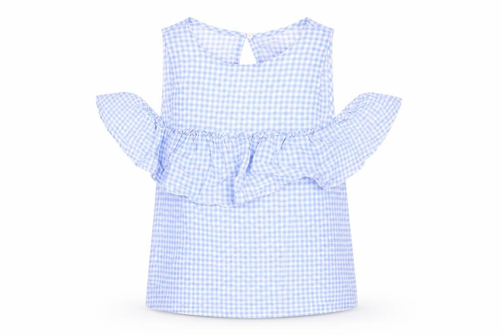 Front view of Berksha women’s blue check basic t-shirt, size XS, - cut out shoulder