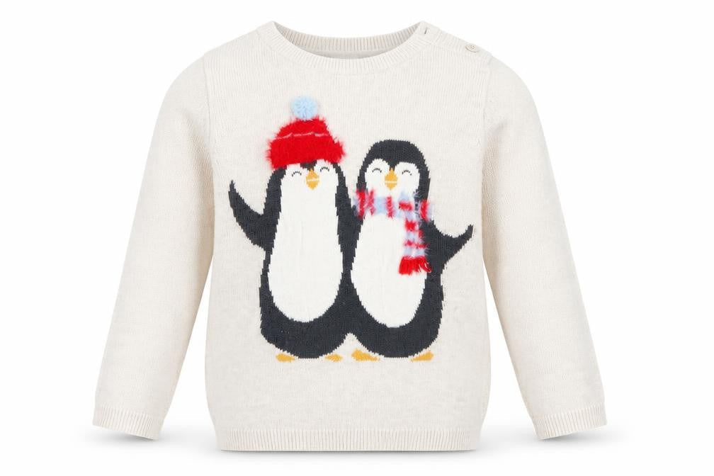 Front view of H&M girls’ beige jumper, size 2, years - penguin