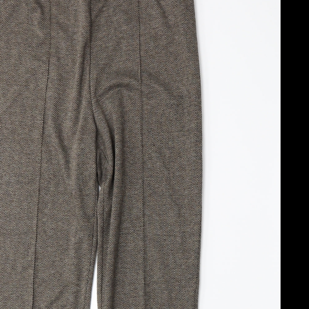 Close-up detail of Bonmarché women’s brown herringbone trousers, size UK 14, 27-inch leg