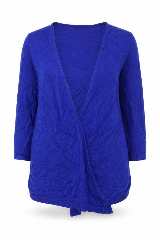 Front view of Per Una women’s blue cardigan jumper, size UK 12