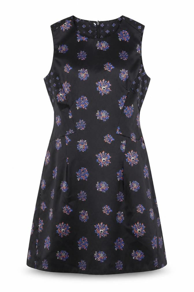 Front view of women’s black floral satin shift, size S