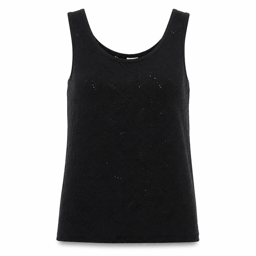 Front view of Jaqueline deYong women’s black floral knit basic tank, size M