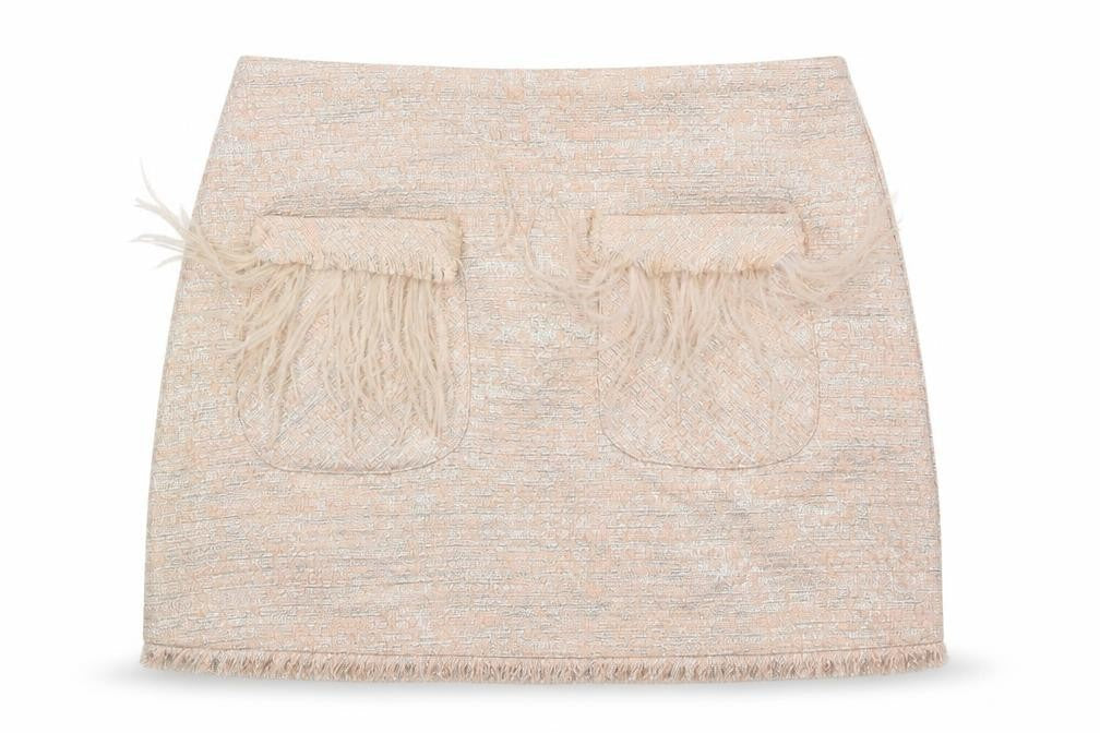 Front view of H&M women’s ivory knit straight & pencil skirt, size M, - feather pockets