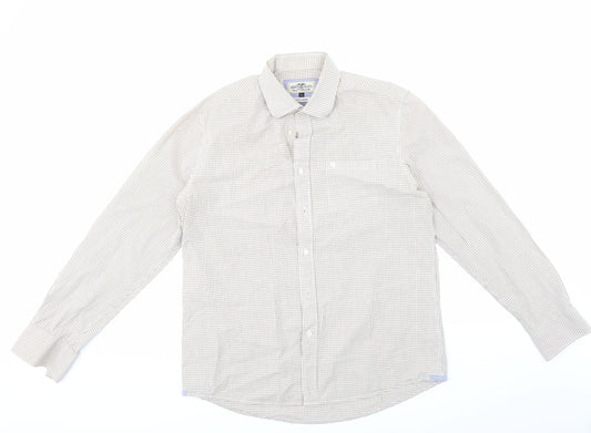 Front view of Hampton Republic men’s brown check button-up, size L