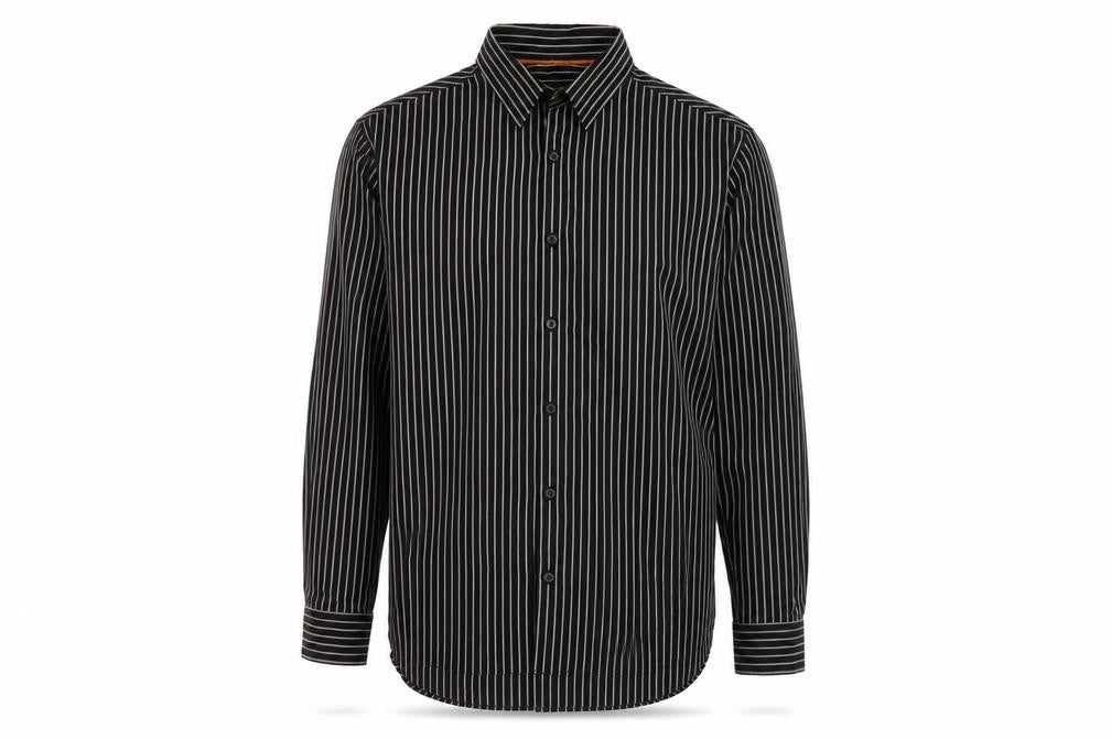 Front view of Next men’s brown striped button-up, size L
