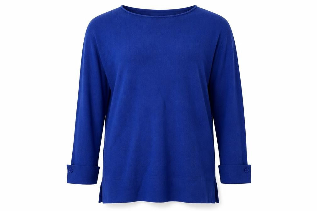 Front view of Beauty Women women’s blue jumper, size M