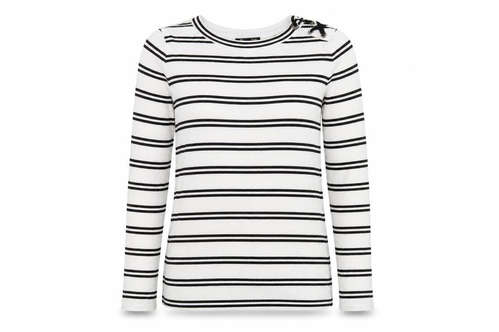 Front view of Preworn women’s white striped jumper, size UK 6