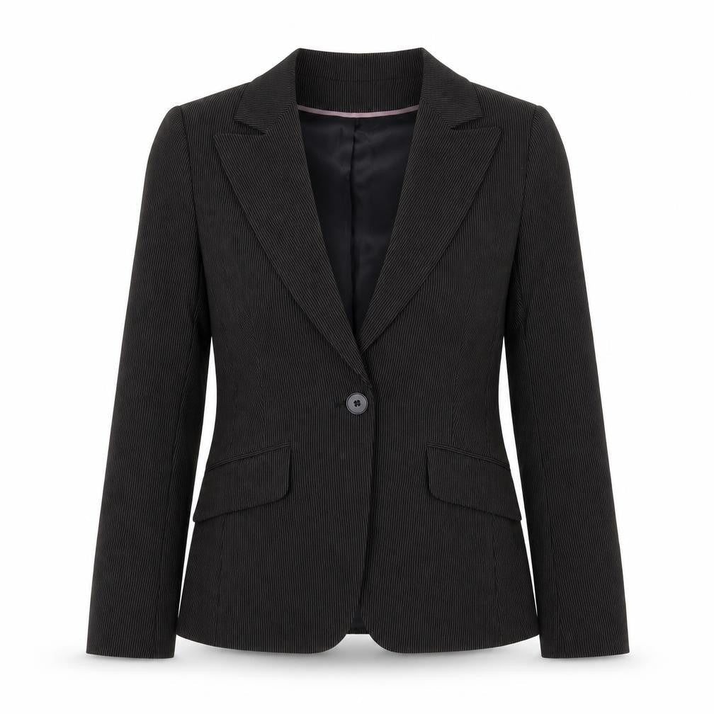 Front view of Marks & Spencer women’s black striped jacket suit jacket, size UK 8