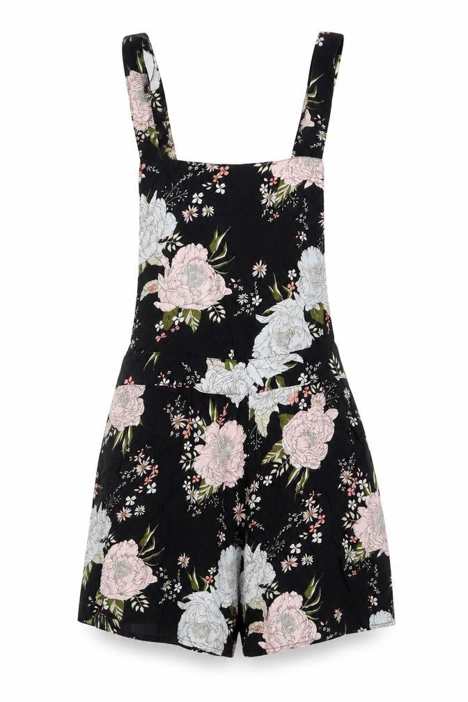 Front view of H&M women’s black floral romper one-piece, size UK 10