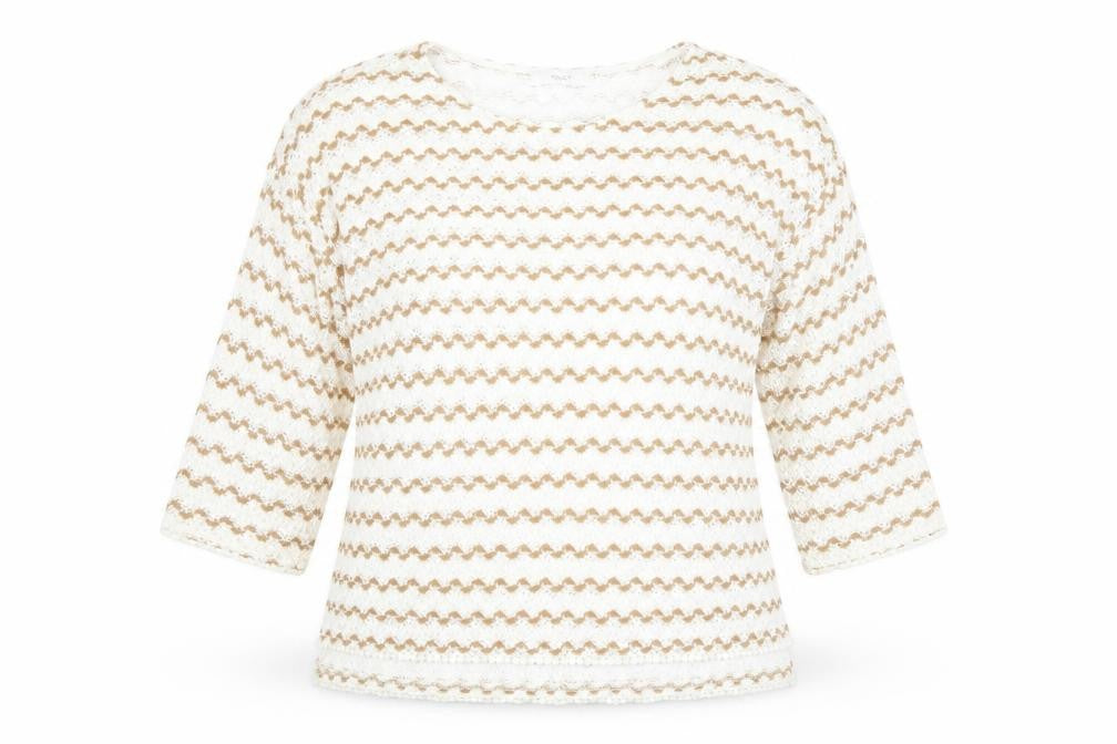 Front view of Next women’s beige striped jumper, size UK 14