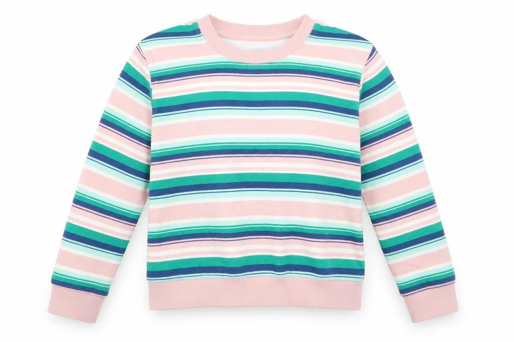 Front view of Gymboree girls’ pink striped jumper, size 10, years