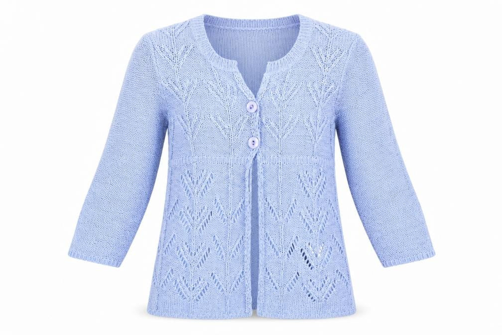 Front view of Donatella Maurizio women’s purple knit cardigan jumper, size M