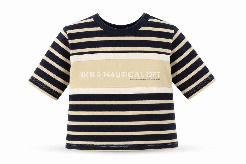 Front view of IKKS Baby Beige Striped Basic T-Shirt, size 12, Months