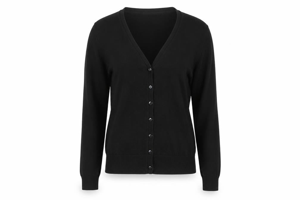 Front view of Divided women’s black knit cardigan jumper, size UK 4