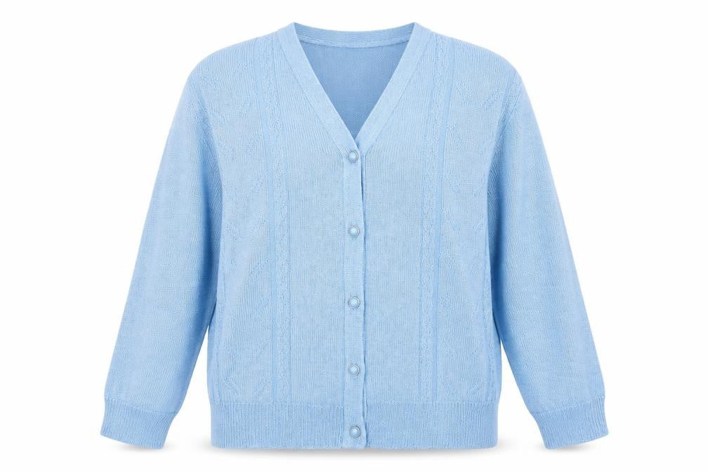 Front view of Future Lady women’s blue cardigan jumper, size S