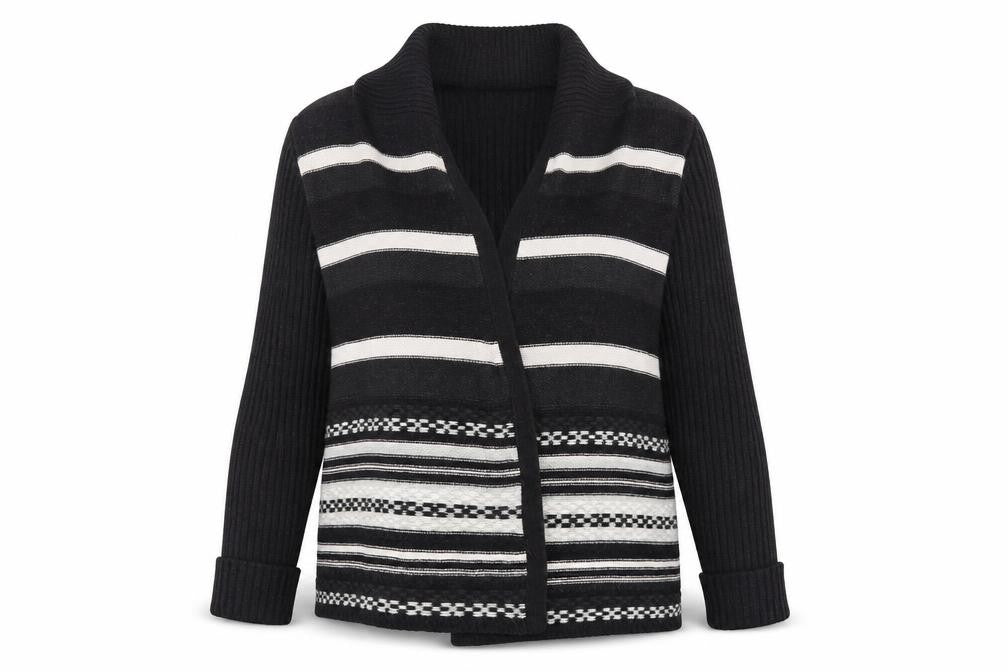 Front view of Savior women’s black striped knit cardigan jumper, size UK 14