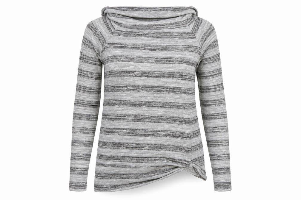 Front view of Papaya women’s grey striped jumper, size UK 10