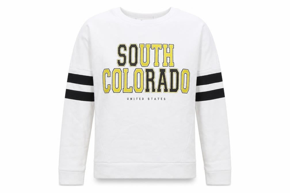 Front view of New Look girls’ white striped jersey pullover sweatshirt, size 10-11, years - south colorado