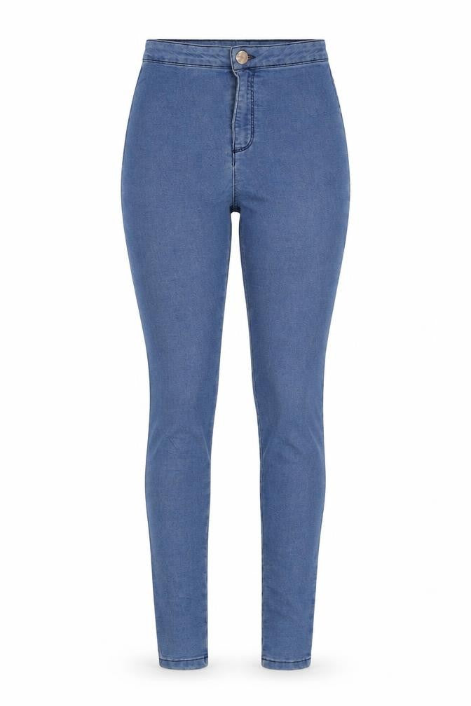 Front view of Miss Selfridge women’s blue denim jegging leggings, size UK 8, 29-inch leg