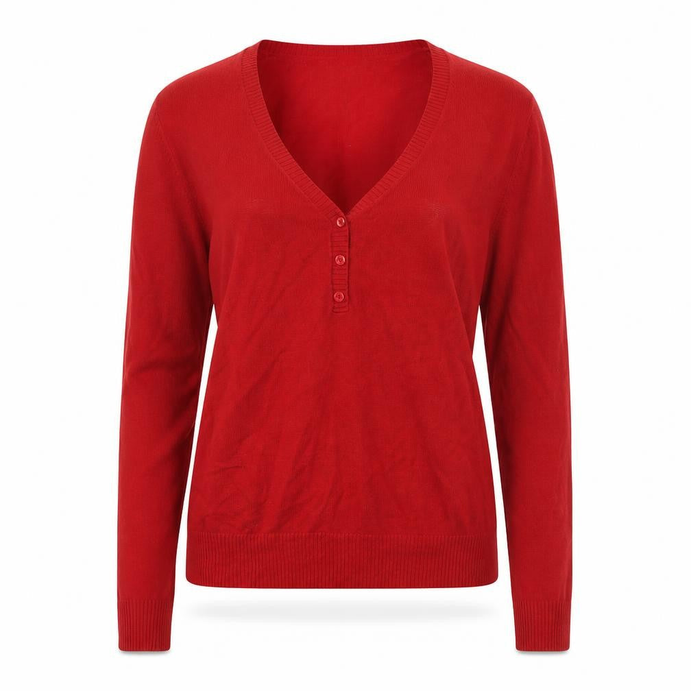 Front view of Lust women’s red cardigan jumper, size L