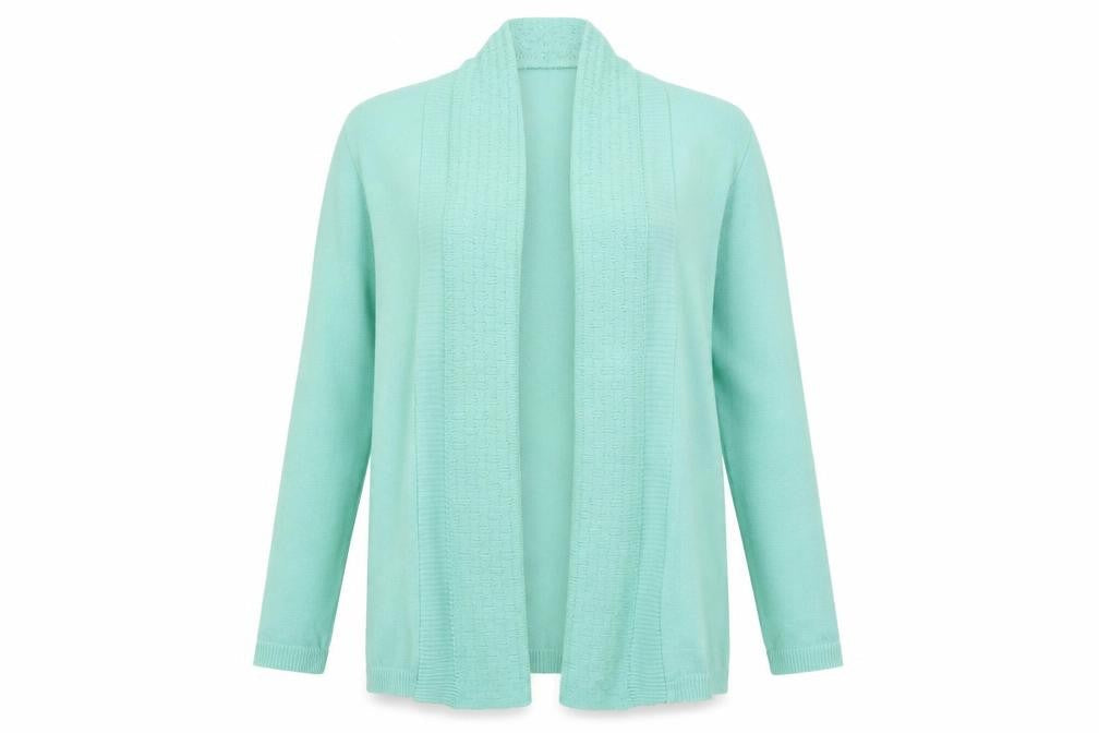 Front view of Classics women’s green knit cardigan jumper, size M