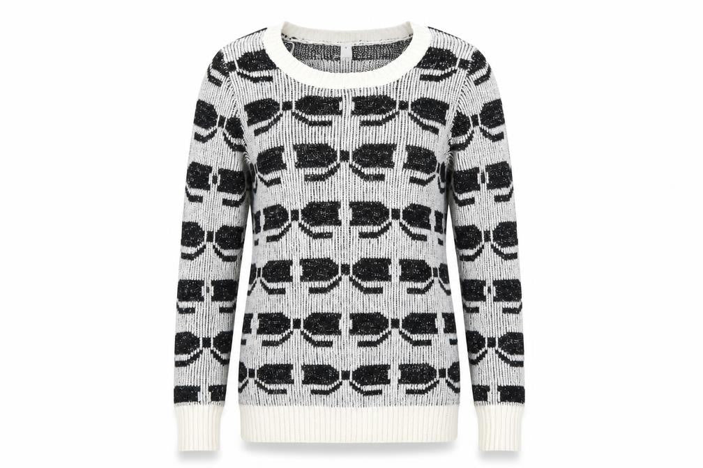 Front view of Debenhams women’s black geometric jumper, size UK 10
