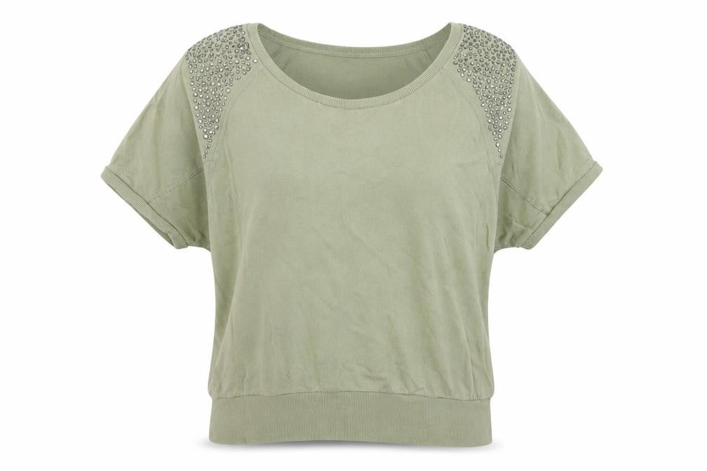 Front view of Preworn women’s green pullover sweatshirt, size UK 10