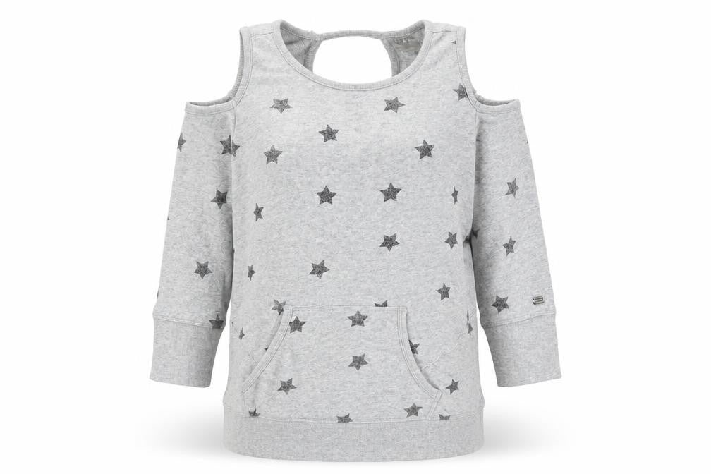 Front view of women’s grey pullover sweatshirt, size M