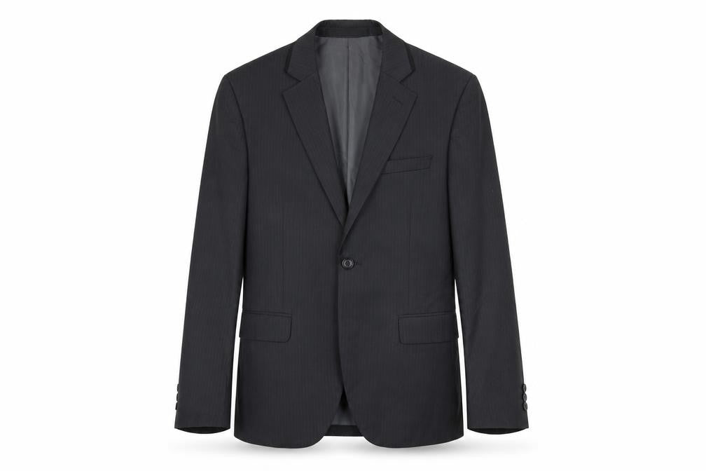 Front view of Marks & Spencer men’s grey striped rayon jacket suit jacket, size 34