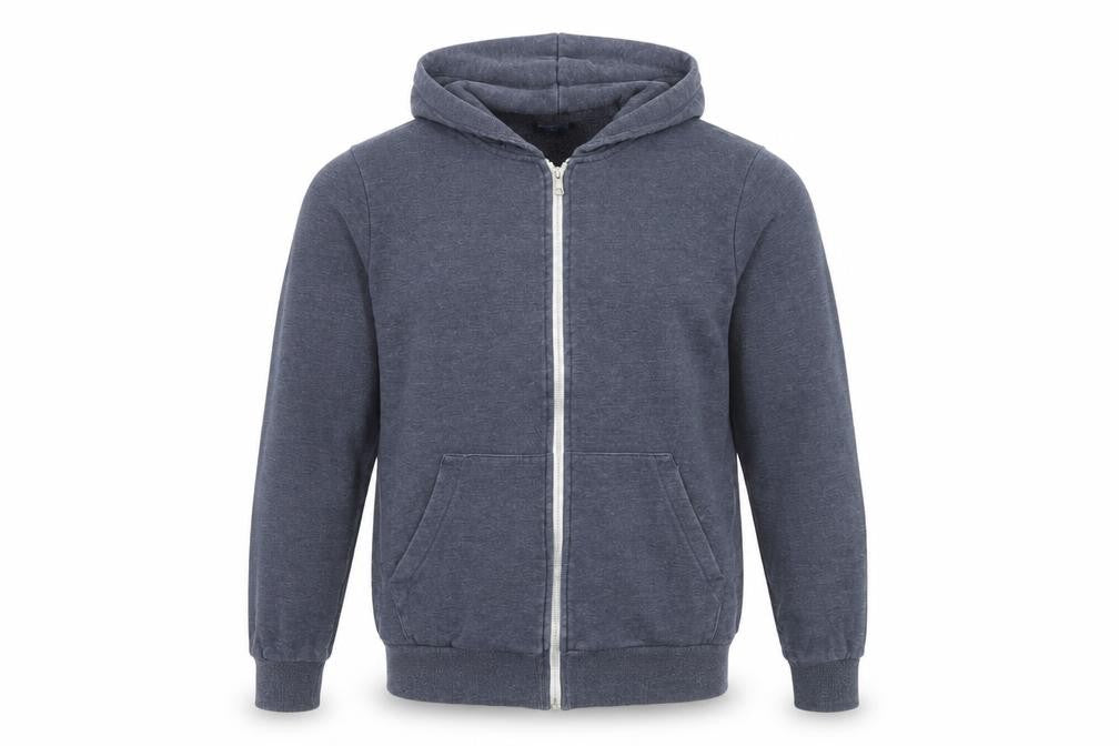 Front view of Divided by H&M men’s blue jersey pullover hoodie, size S