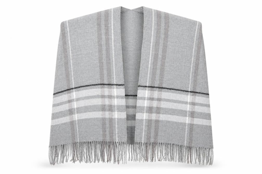 Front view of Preworn women’s grey striped knit shawl/wrap