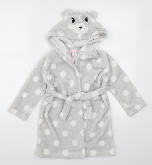 Dream Lounge Girls Grey Polka Dot  Kimono Robe Size 3-4 Years  - Bear Hood