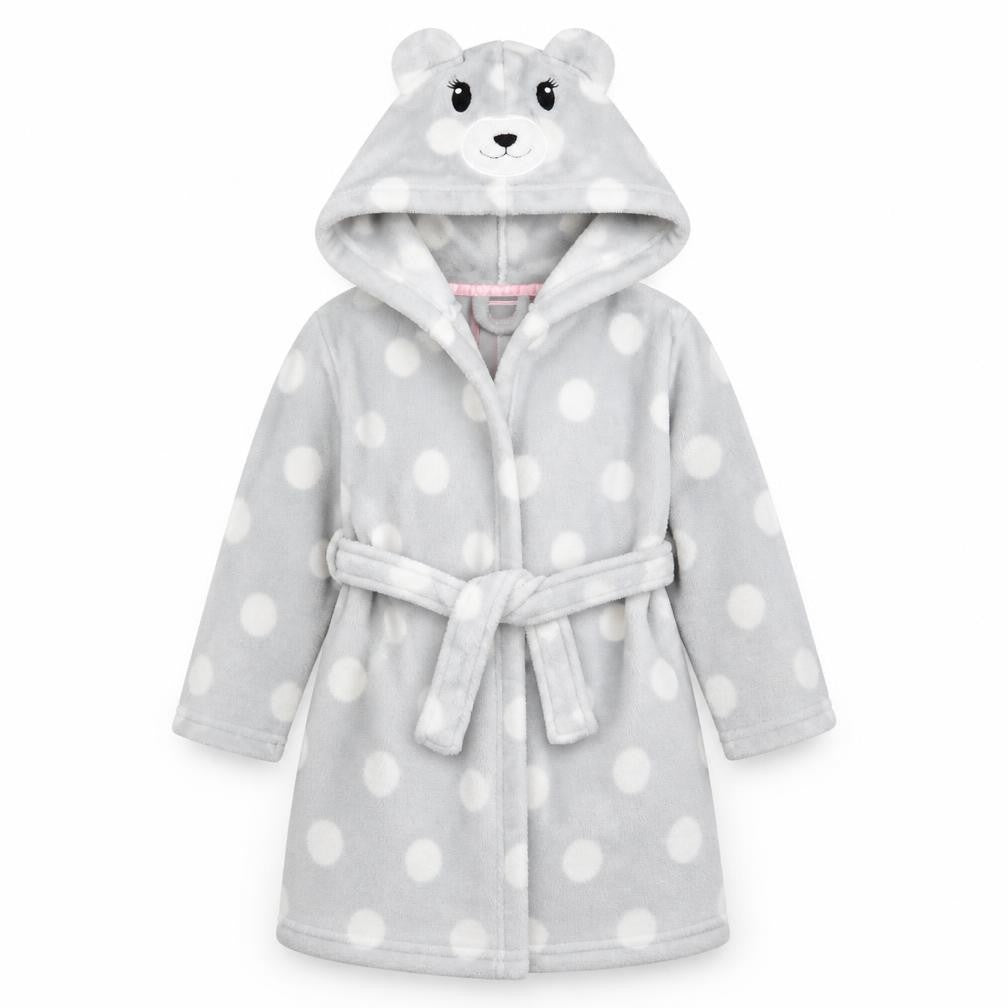 Dream Lounge Girls Grey Polka Dot  Kimono Robe Size 3-4 Years  - Bear Hood