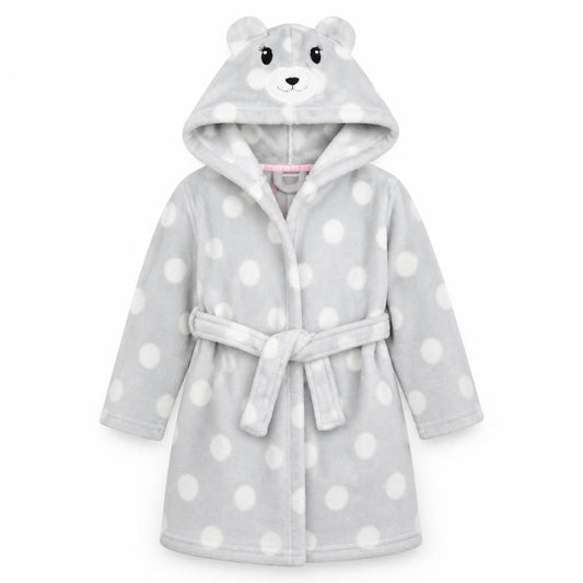 Dream Lounge Girls Grey Polka Dot  Kimono Robe Size 3-4 Years  - Bear Hood