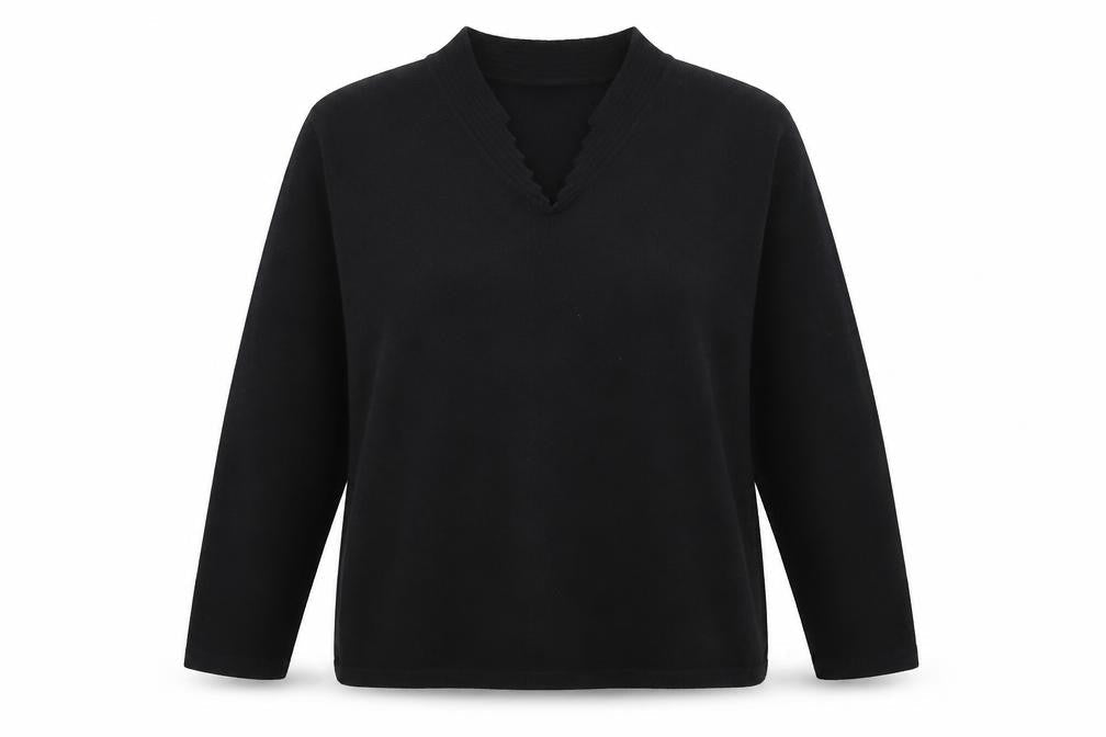 Front view of Poppy women’s black jumper, size UK 16